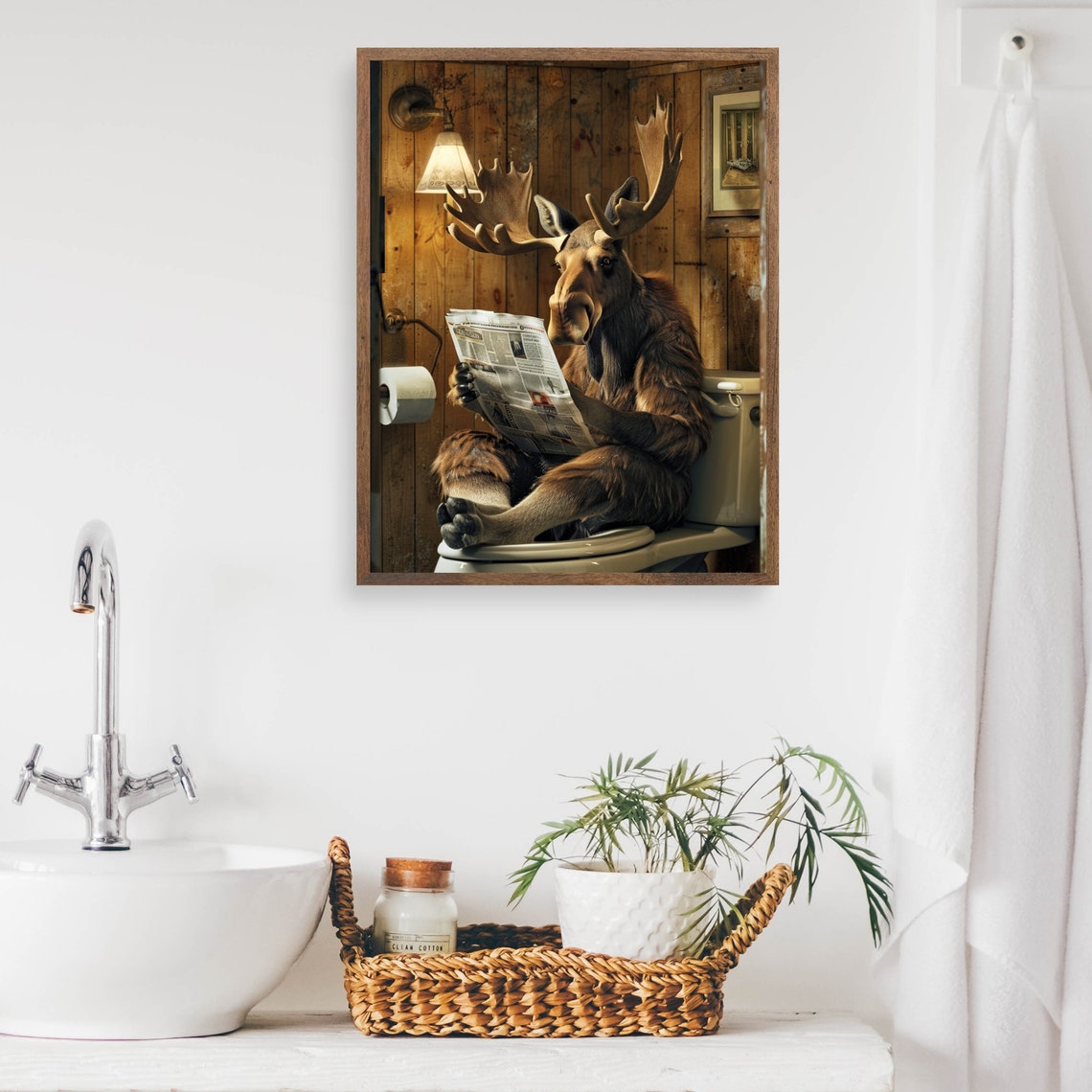 Moose Reading Newspaper On The Toilet Funny Bathroom Humor Poster - Image 2