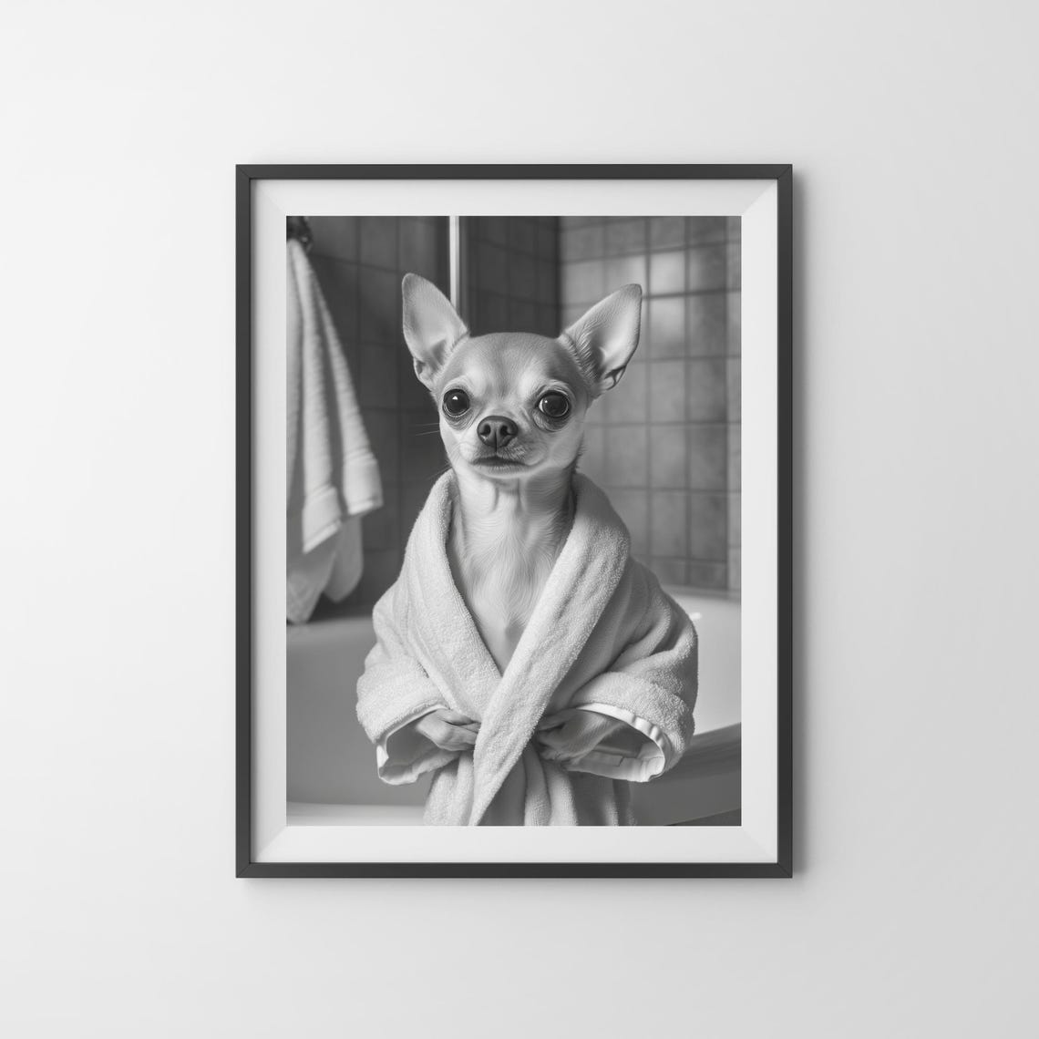 Cute Chihuahua in Bathrobe Black and White Bathroom Wall Art - Image 3