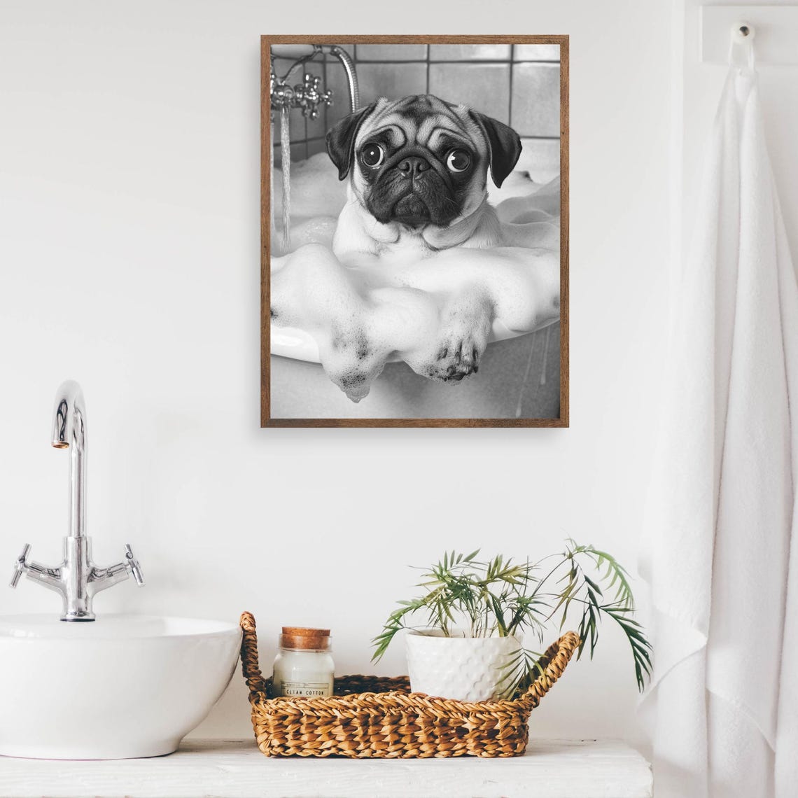 Pug Taking a Bubble Bath in Black and White Funny Dog Poster - Image 2