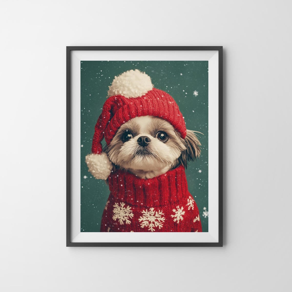 Cozy Christmas Puppy in a Red Knit Hat and Snowflake Sweater Poster - Image 3
