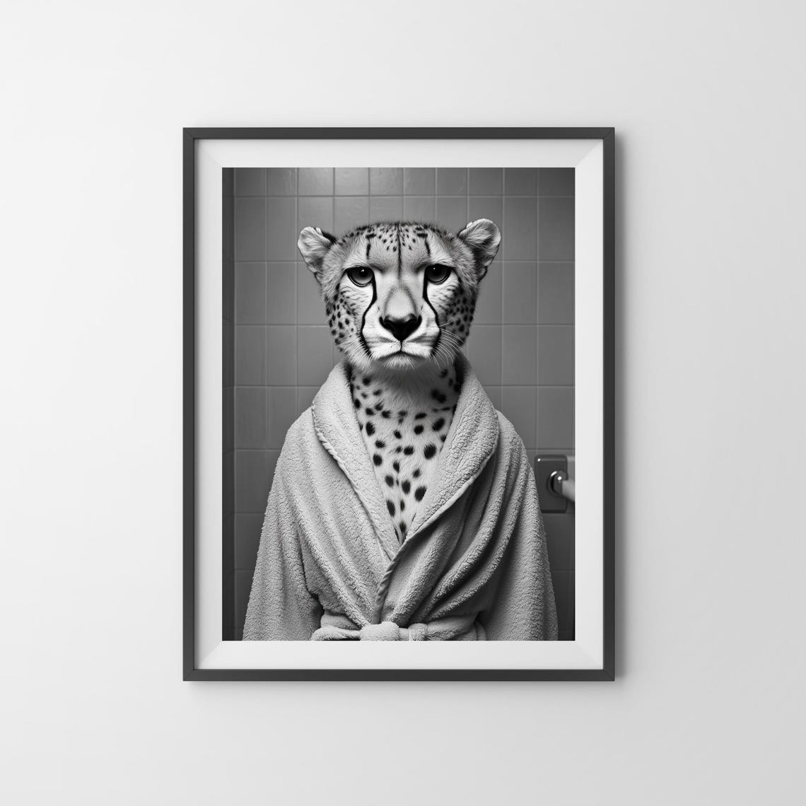 Cheetah In A Bathrobe Funny Black And White Bathroom Wall Poster - Image 3