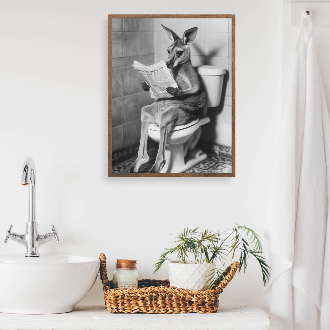 Kangaroo Reading a Newspaper on the Toilet Black and White Poster - Image 2