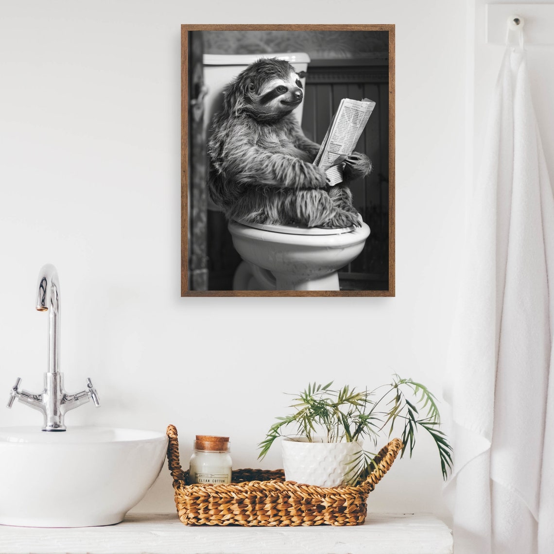 Sloth Reading Newspaper on Toilet Black and White Funny Animal Poster - Image 2