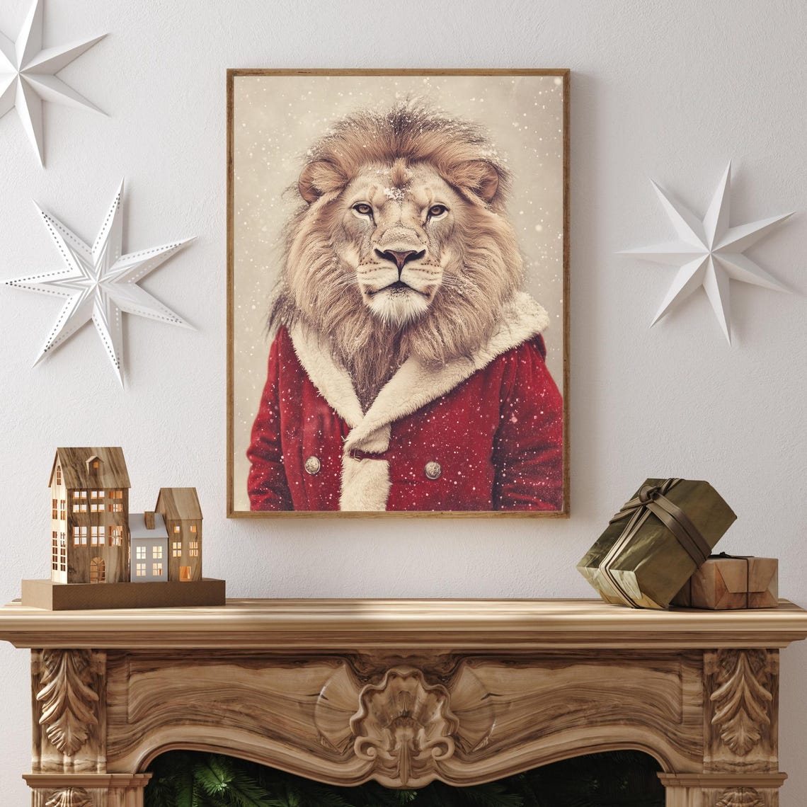 Lion Wearing a Red Santa Coat With White Fur Trim in the Snow Poster - Image 2