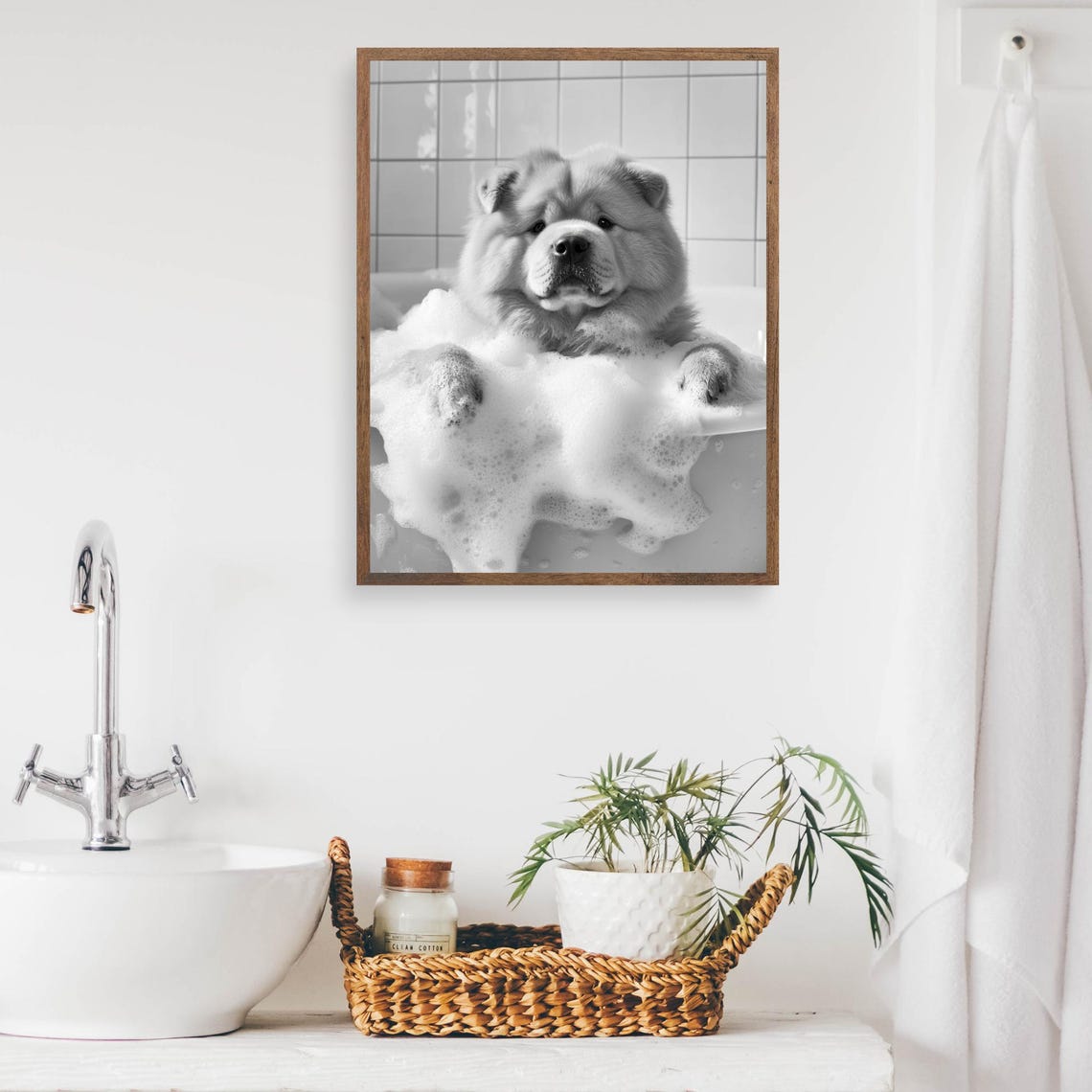 Chow Chow Puppy Taking A Bubble Bath Monochrome Bathroom Poster - Image 2