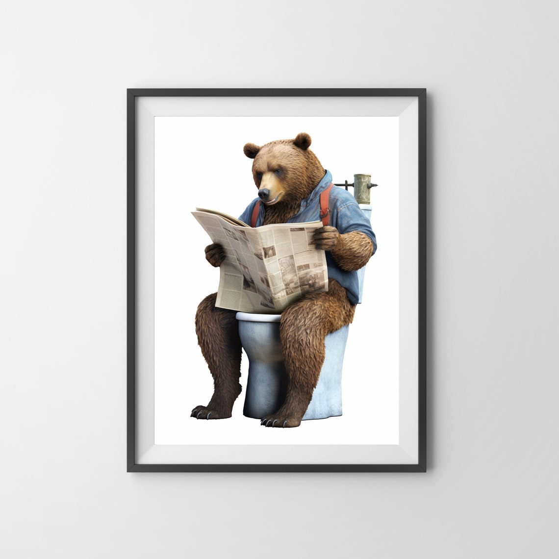 Funny Bear on Toilet Reading Newspaper Quirky Bathroom Poster - Image 3