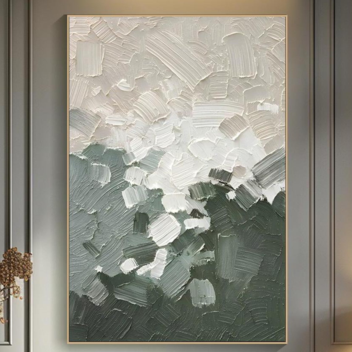 White Sage Green Palette Knife Abstract Minimalist Painting Wall Art