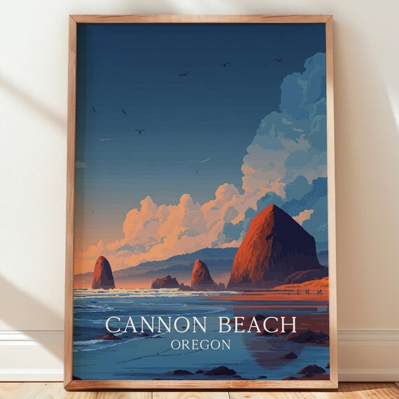 Cannon Beach Oregon Haystack Rocks Sunset Pacific Coast Travel Poster