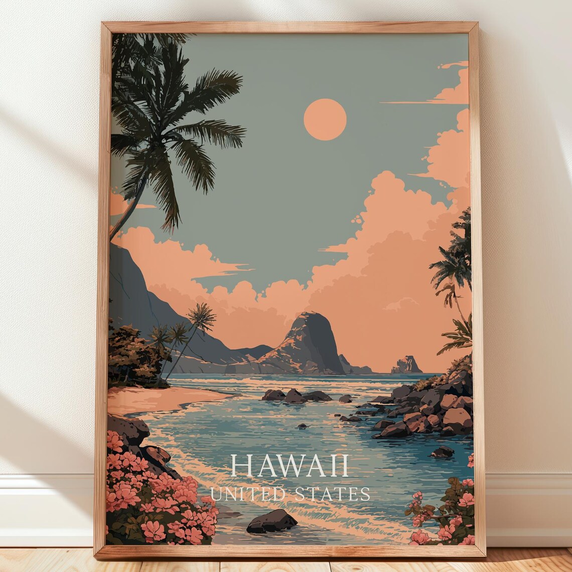 Hawaii United States Sunset Beach Palms Waves Travel Poster Art