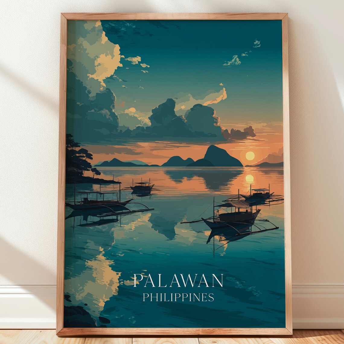 Palawan Philippines Tropical Sunset Outrigger Boats Travel Poster