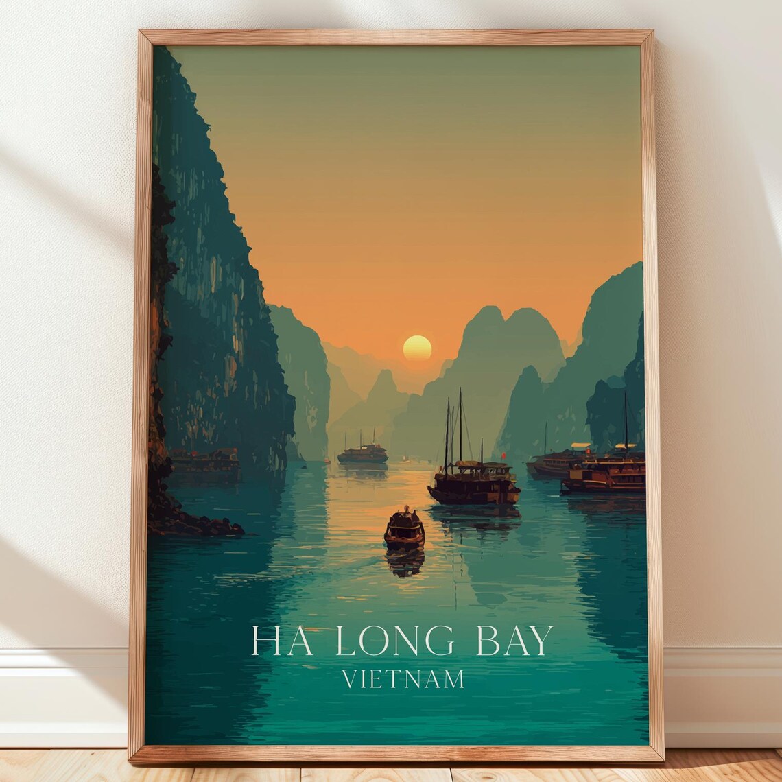 Ha Long Bay Vietnam Limestone Karsts Sunset Boats Vintage Travel Poster