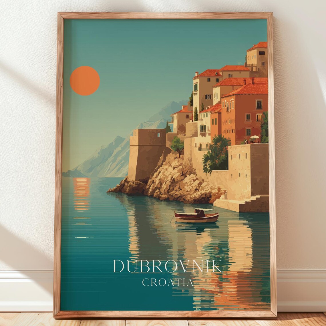 Dubrovnik Croatia Travel Poster Old Town Walls Sunset Sea Harbor Artwork
