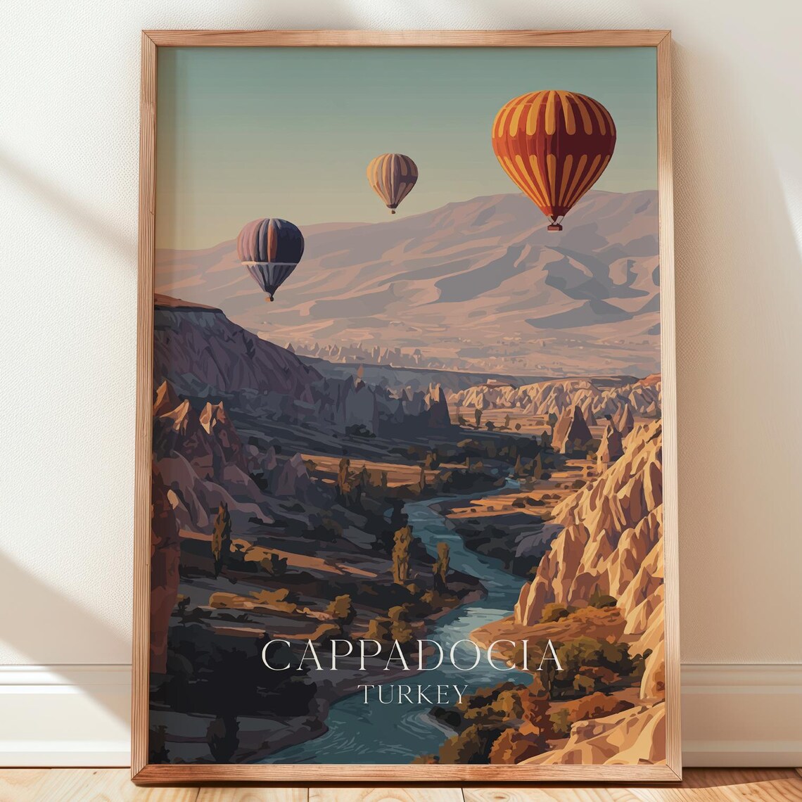 Cappadocia Turkey Hot Air Balloons Vintage Travel Poster Valley Sunset