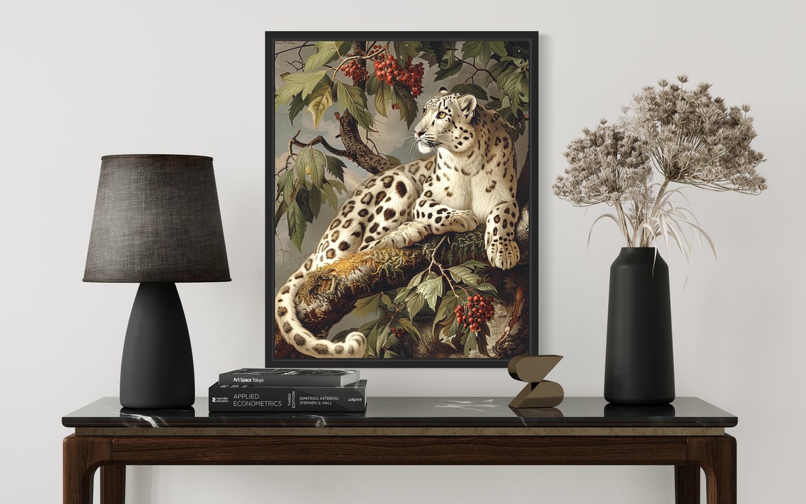 Snow Leopard Resting on a Tree Branch With Red Berries Vintage Art Poster - Image 3