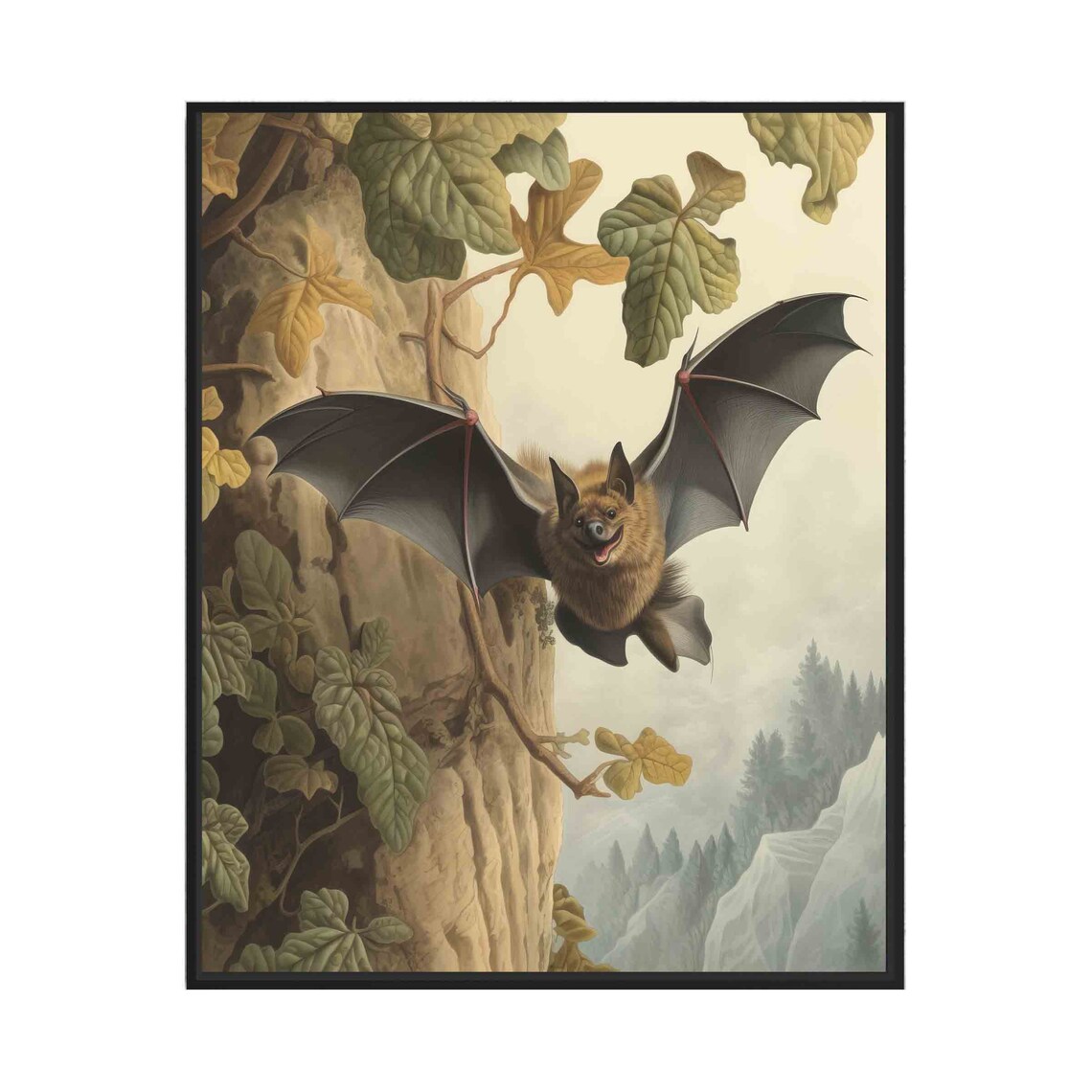 Flying Bat at Dusk Moody Vintage Naturalist Wildlife Art Poster