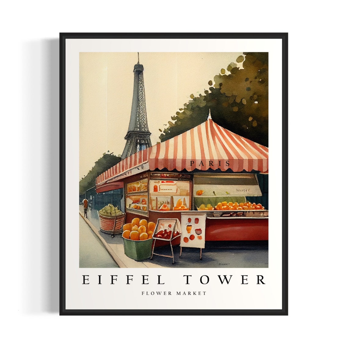 Eiffel Tower Paris Flower Market Stall Romantic Watercolor Poster