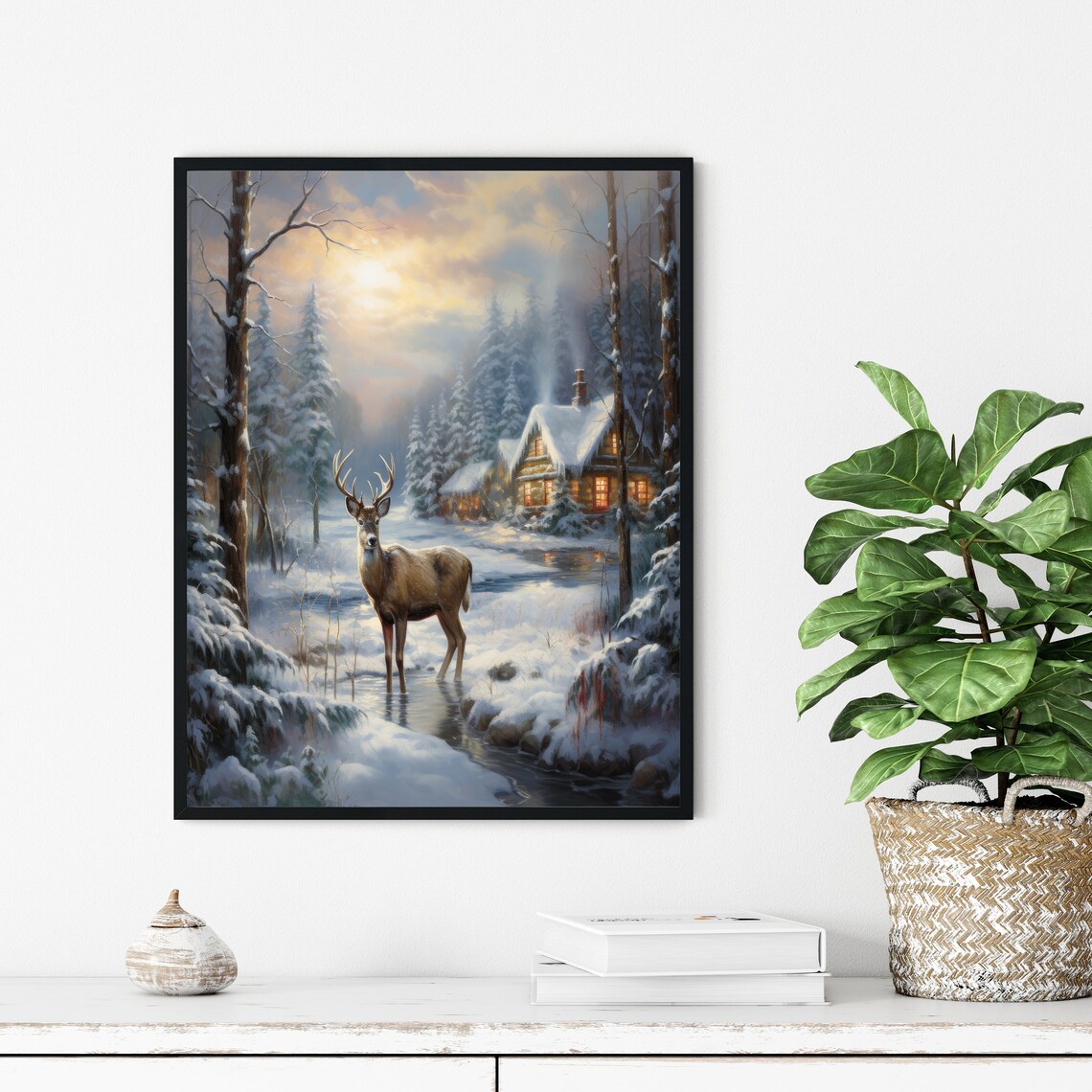Majestic Stag Deer in Snowy Winter Forest with Lit Cabin Christmas Poster - Image 3