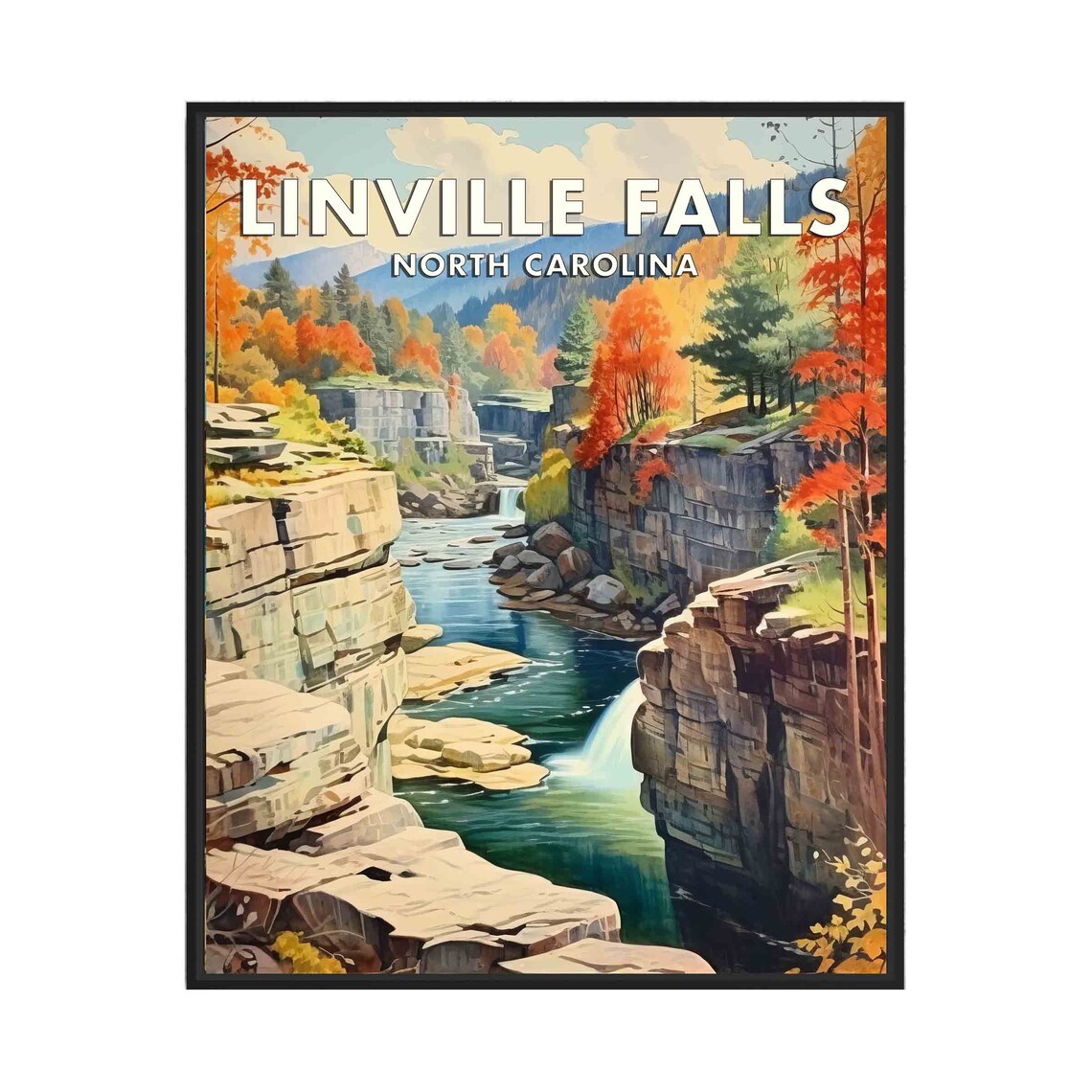 Linville Falls North Carolina Autumn Gorge Waterfall Travel Poster