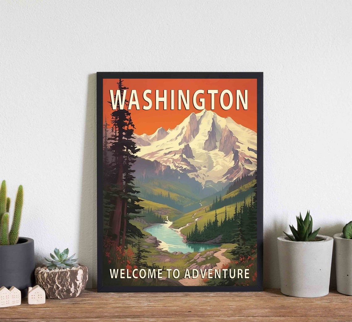 Washington Welcome to Adventure Snowcapped Mountain Lake Poster - Image 2