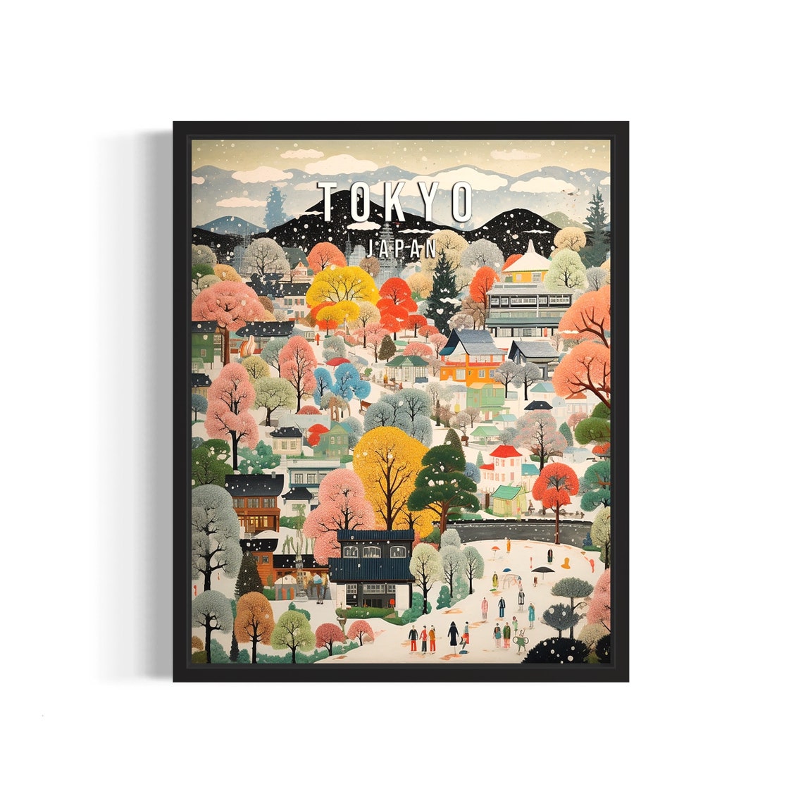 Tokyo Japan Winter Village Poster Colorful Trees Folk Art Travel Decor