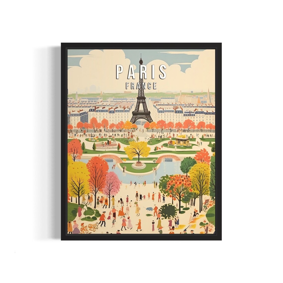 Paris France Eiffel Tower Autumn Gardens Vintage Travel Poster