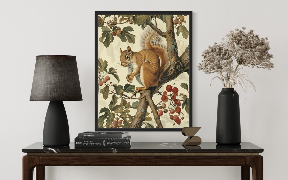 Vintage Squirrel Perched In Berry Tree Botanical Nature Art Poster - Image 3