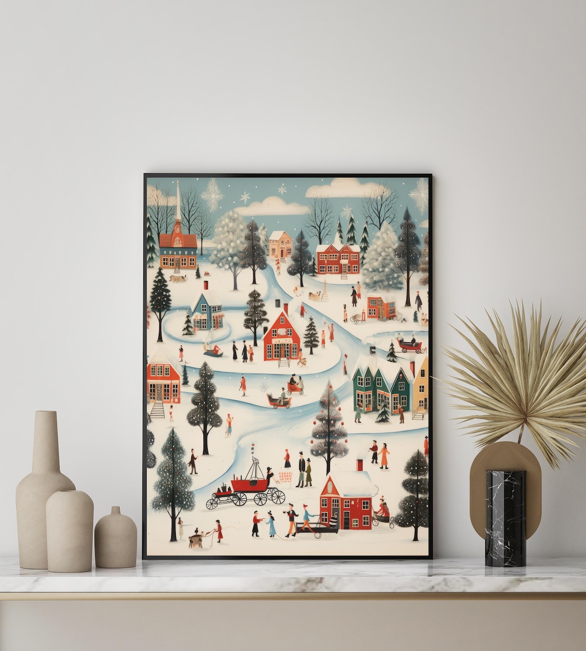 Vintage Snowy Village Sledding Folk Art Holiday Winter Scene Wall Art - Image 2