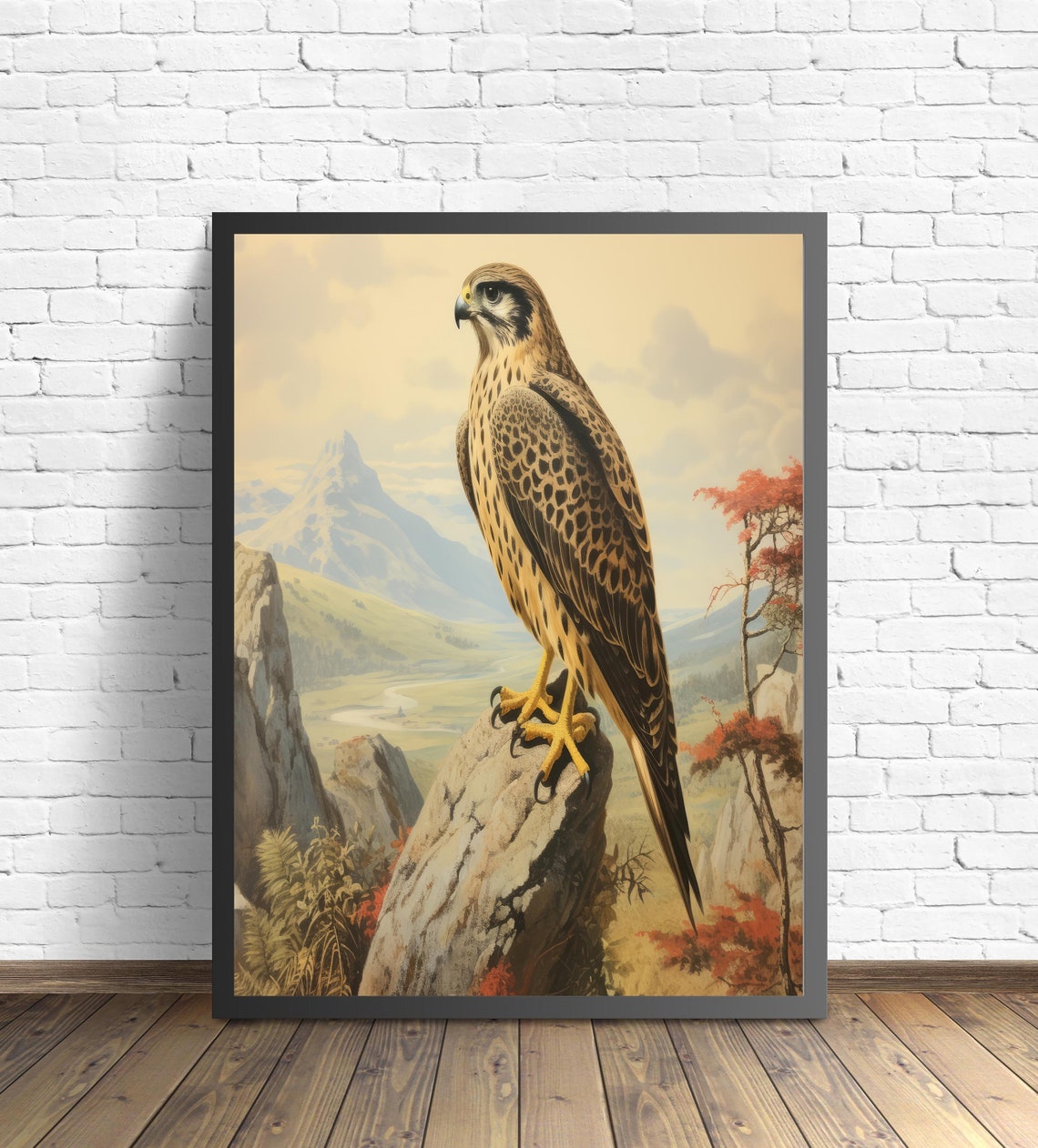 Saker Falcon on an Autumn Cliff Overlooking a Valley Bird Poster - Image 2