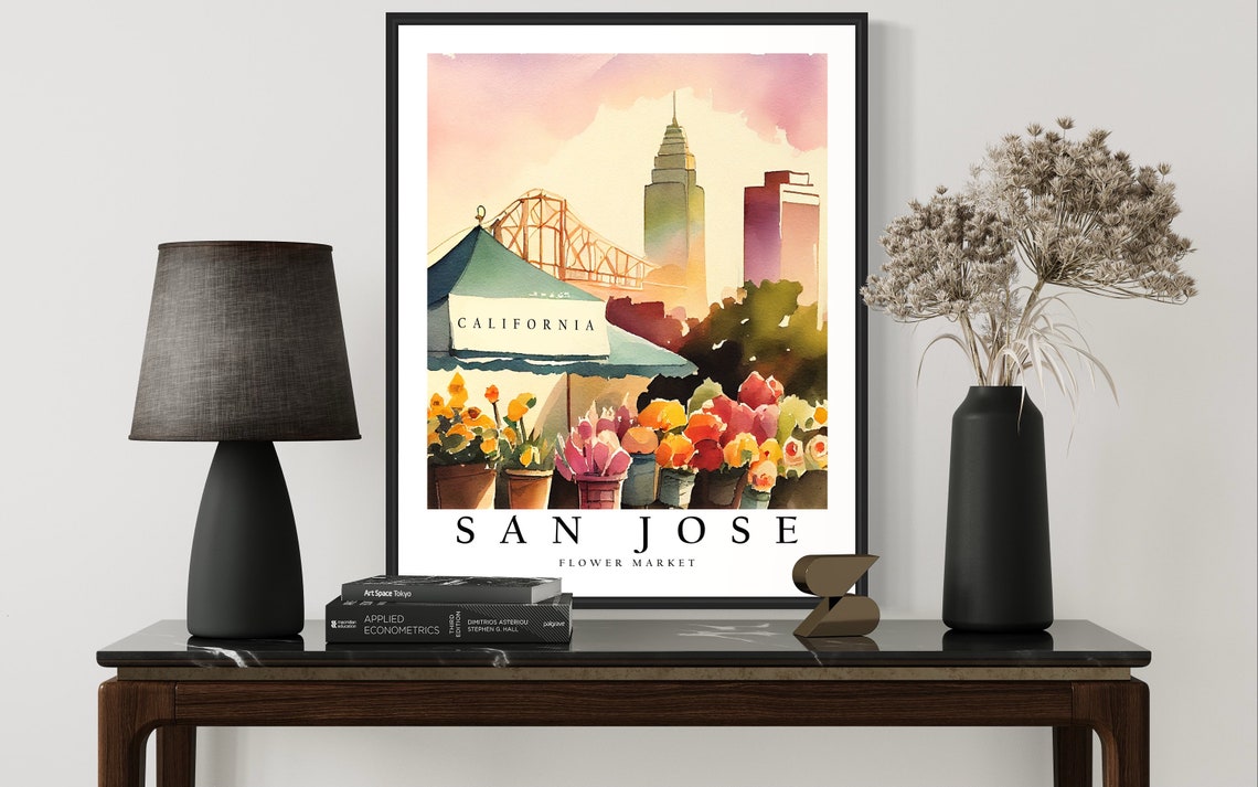 San Jose Flower Market Watercolor Skyline Botanical Art Poster - Image 2