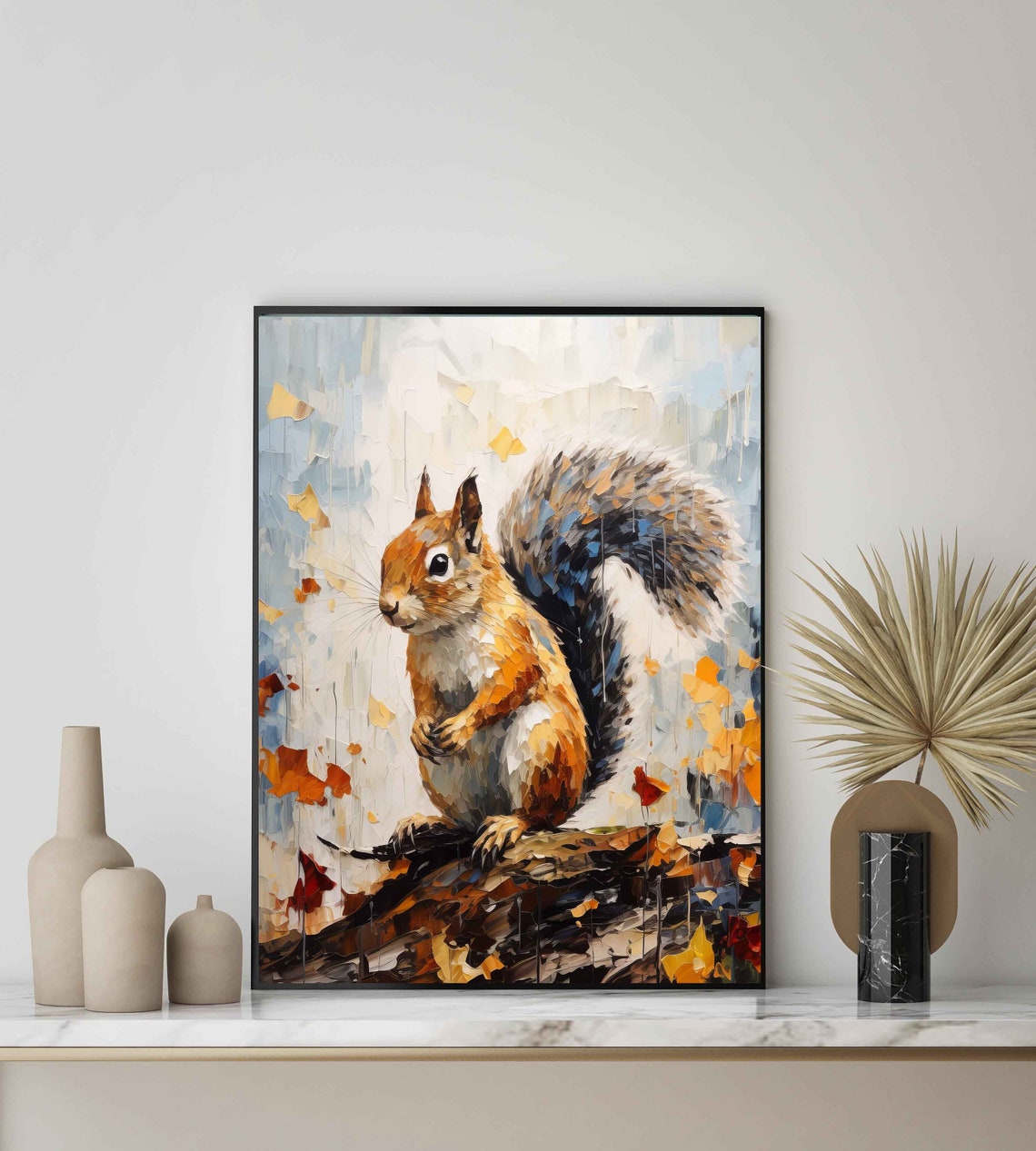 Red Squirrel Autumn Leaves Colorful Impasto Wildlife Wall Art - Image 3