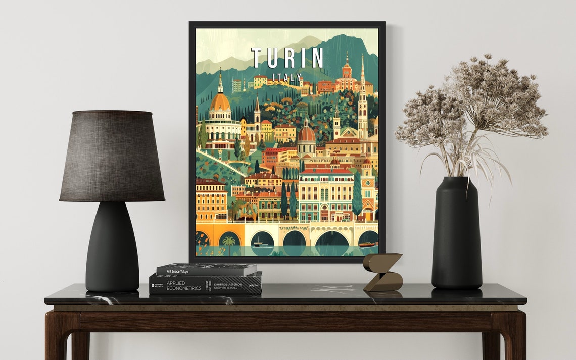 Turin Italy Vintage Cityscape River Bridge and Hillside Poster - Image 2