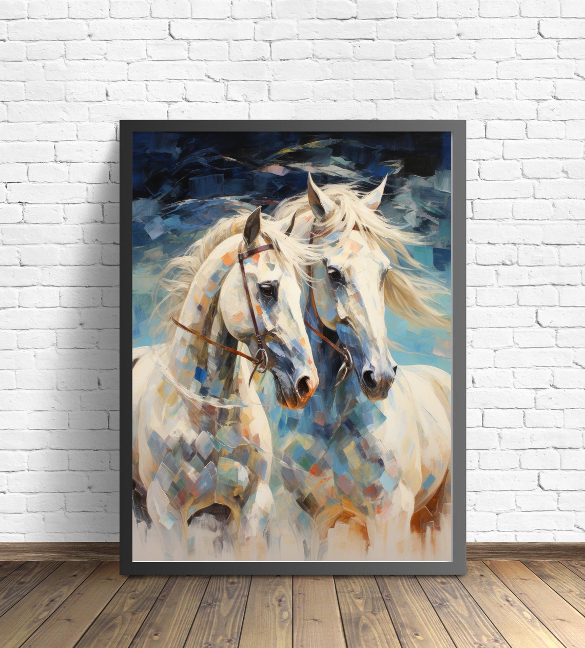 Two White Horses Running Blue Night Abstract Oil Paint Art Poster - Image 3