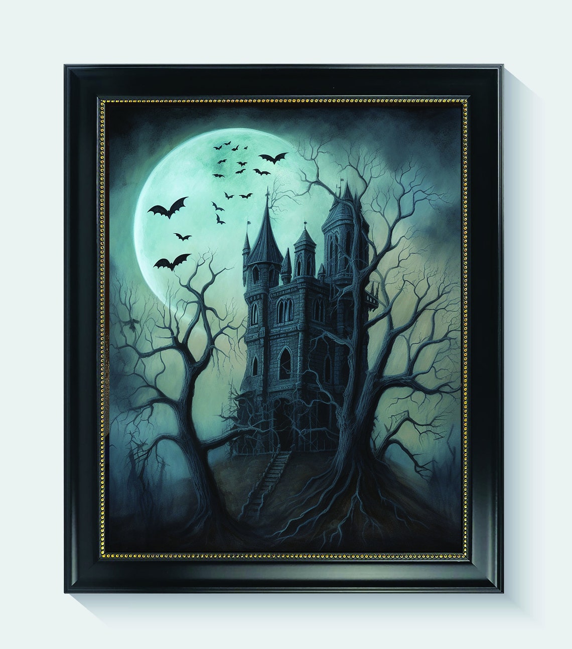 Spooky Haunted House Full Moon Bats Gothic Horror Art Poster