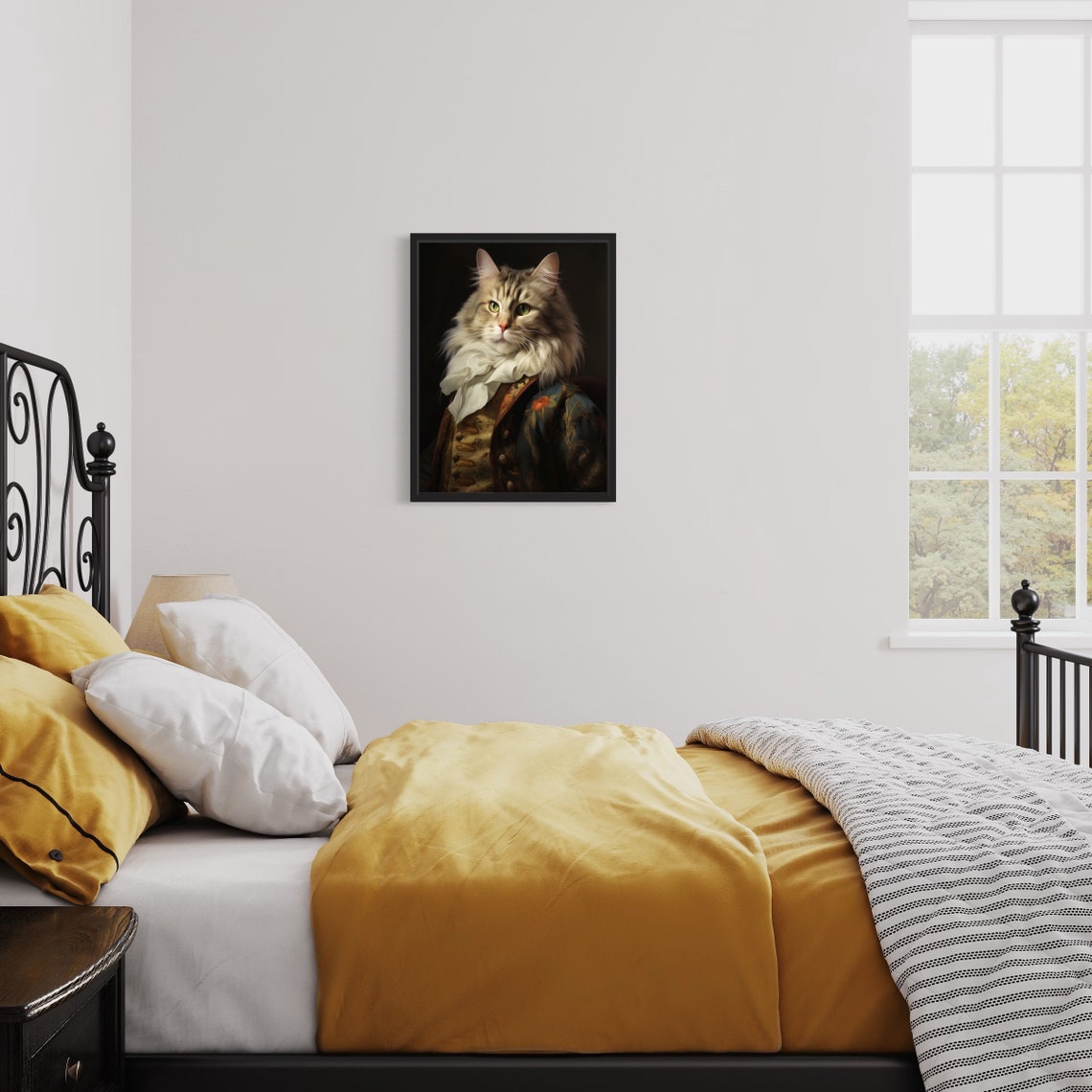 Long Haired Tabby Cat in Baroque Lace Cravat Portrait Wall Art - Image 3