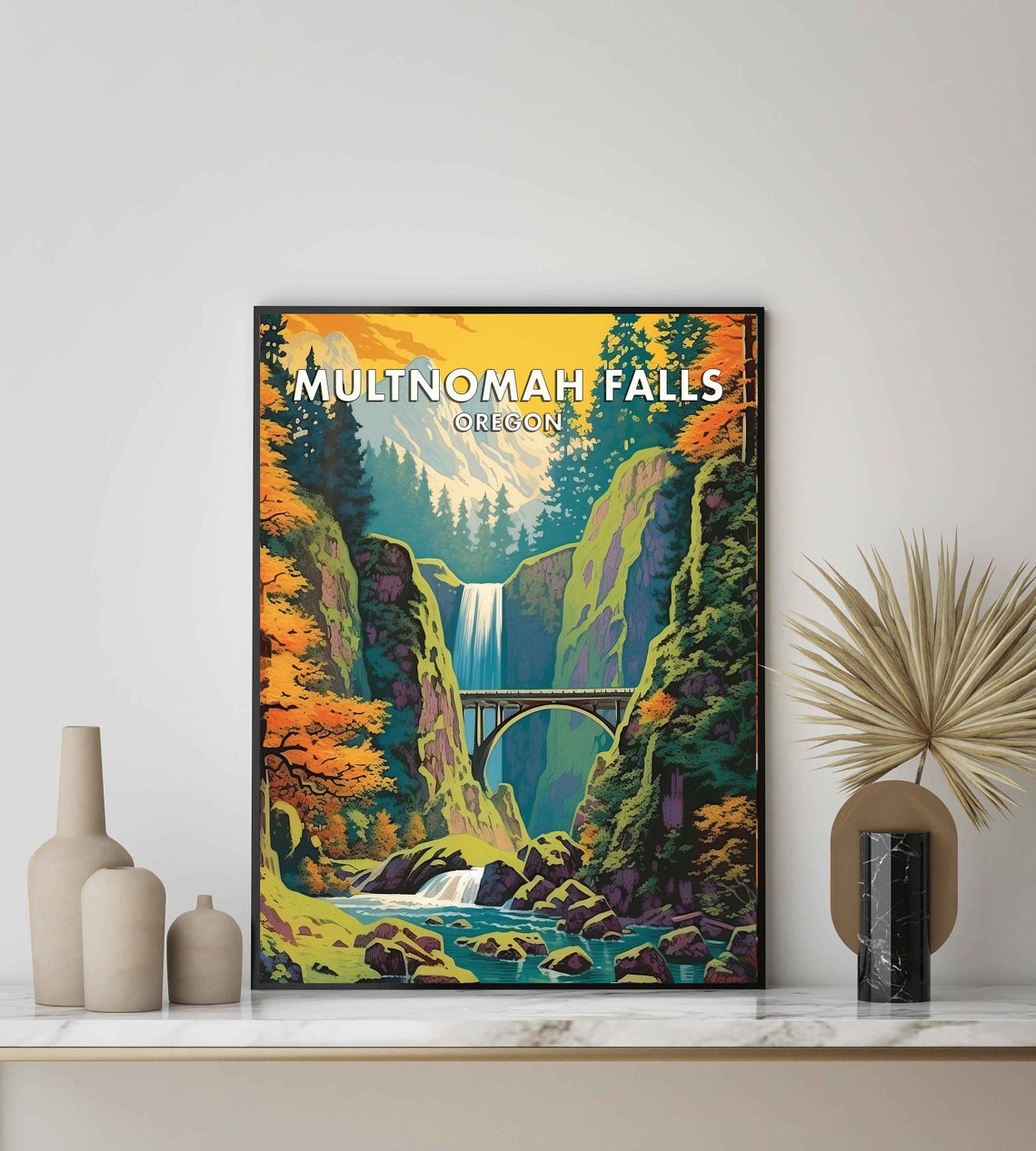 Majestic Multnomah Falls Oregon Waterfall Stone Bridge Poster - Image 2