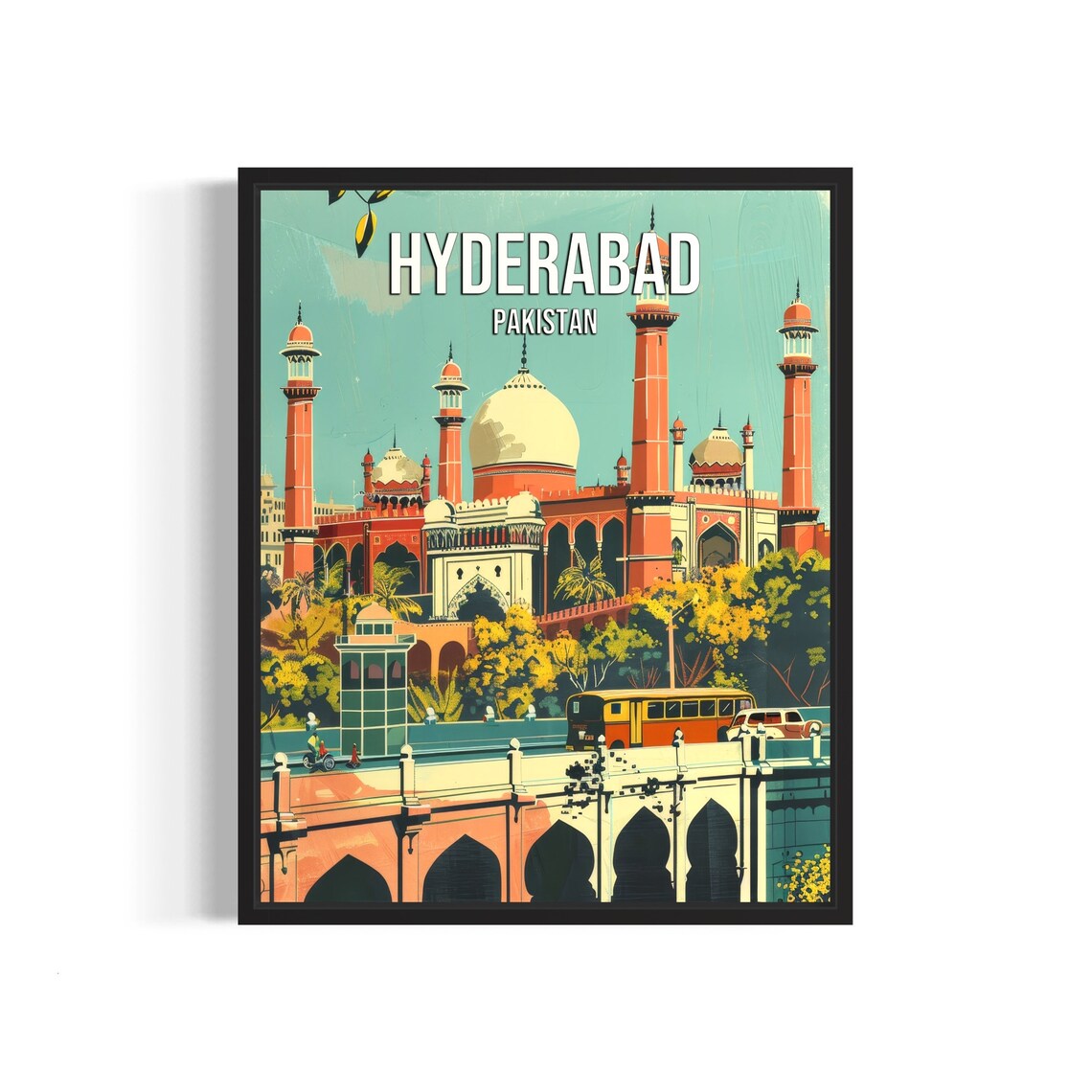 Hyderabad Pakistan Grand Red Mosque Bridge Retro Travel Poster