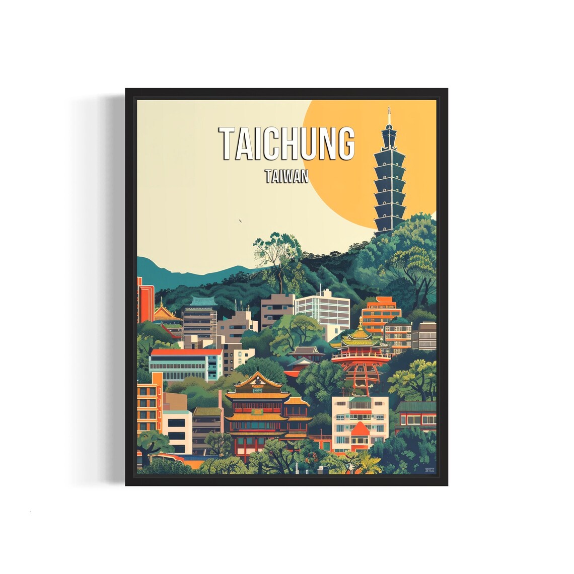 Taichung Taiwan Pagoda Sunset Skyline Retro City Travel Poster