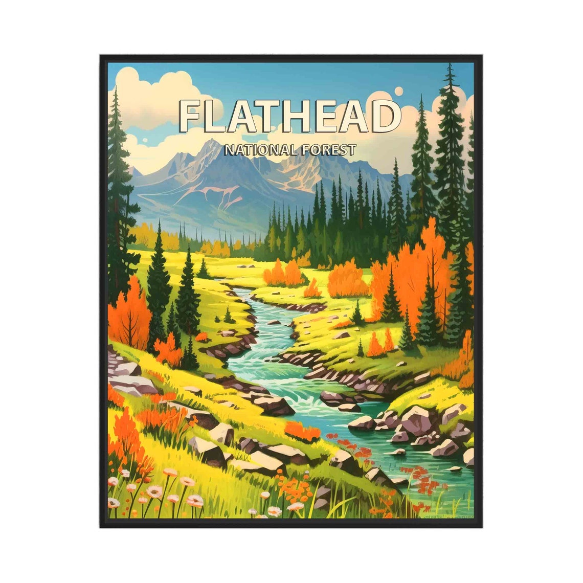 Flathead National Forest Mountain Stream Vintage Travel Poster
