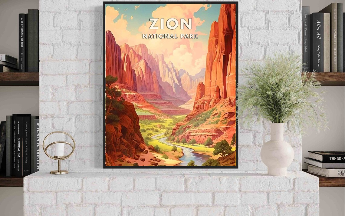 Zion National Park Utah Towering Red Rock Canyon Retro Desert Poster - Image 3