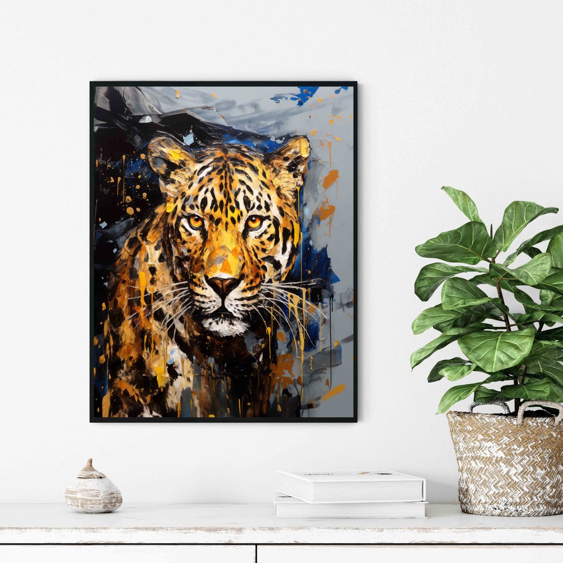 Striking Leopard Face Golden Abstract Wild Cat Painting Wall Art - Image 2