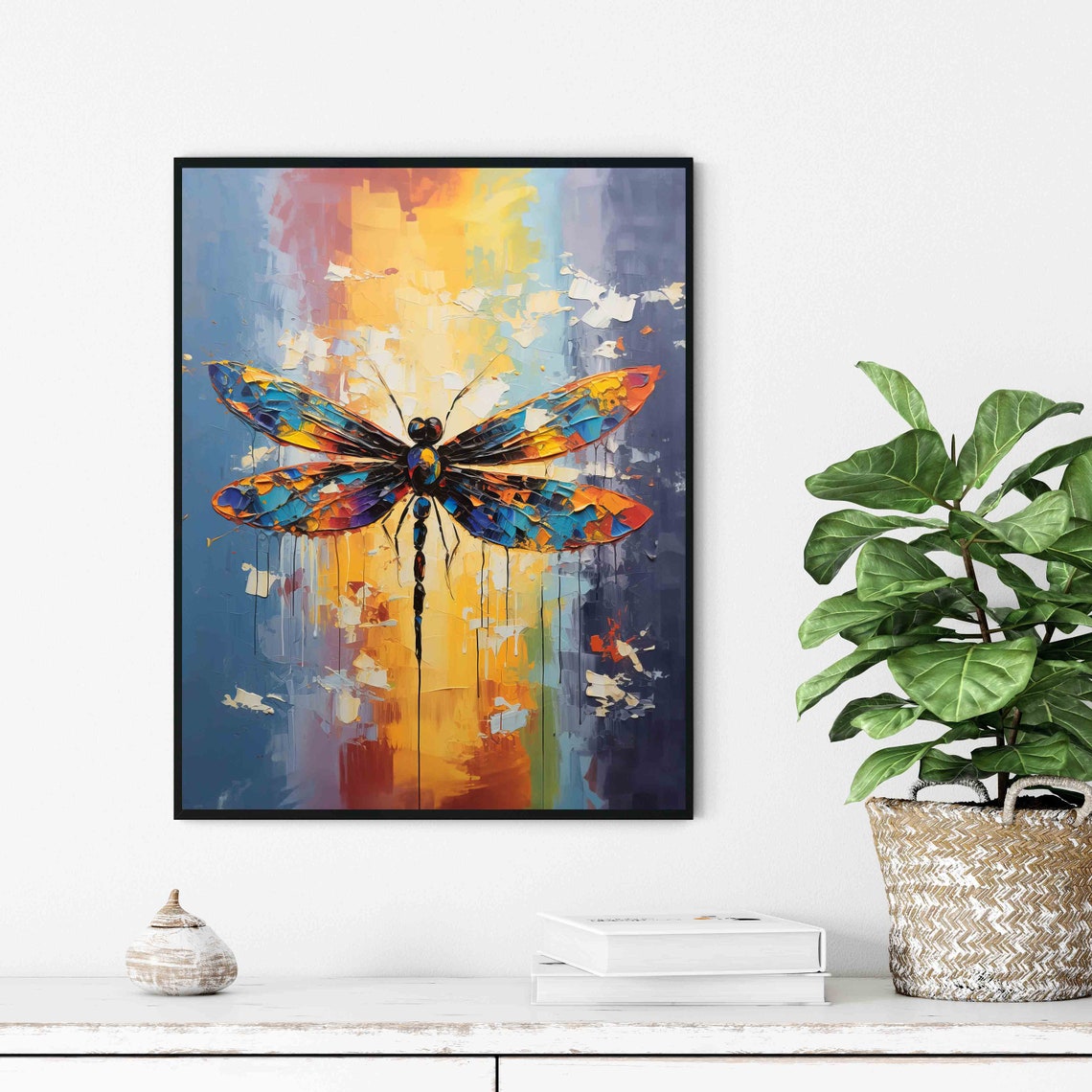 Colorful Dragonfly With Stained Glass Wings Sunset Art Poster - Image 3