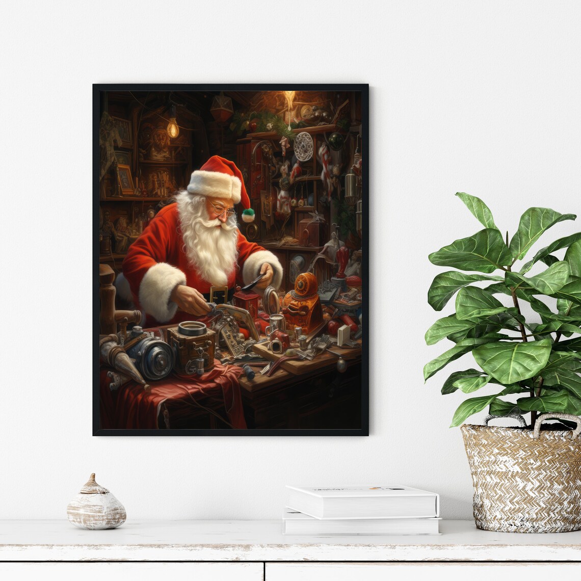 Santa Claus in His Workshop Poster Painting Toys for Christmas - Image 3