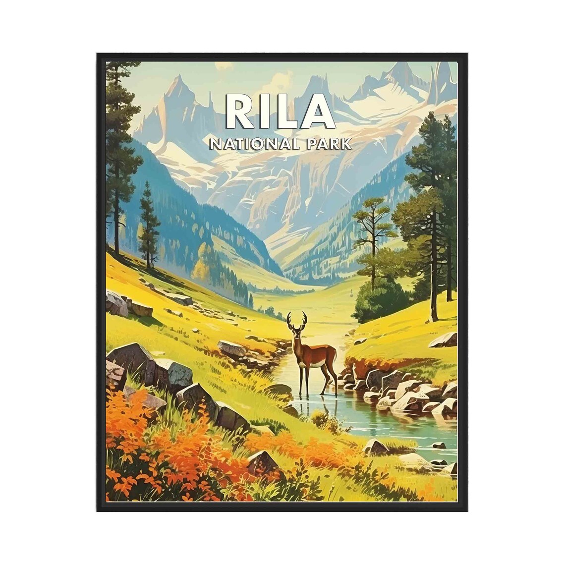 Rila National Park Deer Meadow Alpine Peaks Vintage Travel Poster