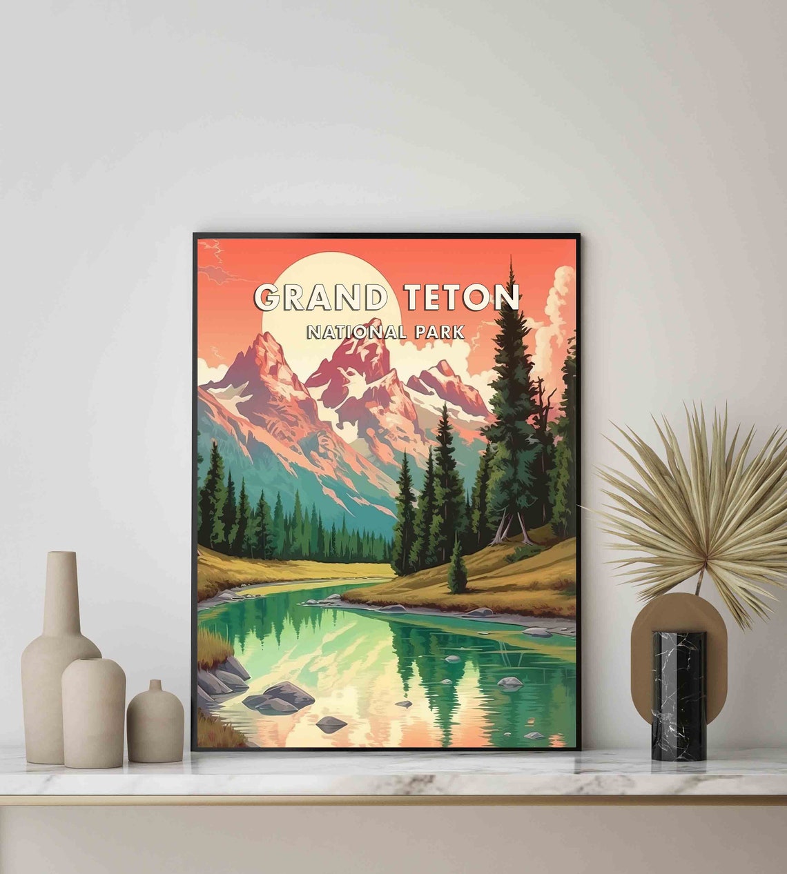Grand Teton National Park Sunset Over Peaks and Lake Vintage Poster - Image 3