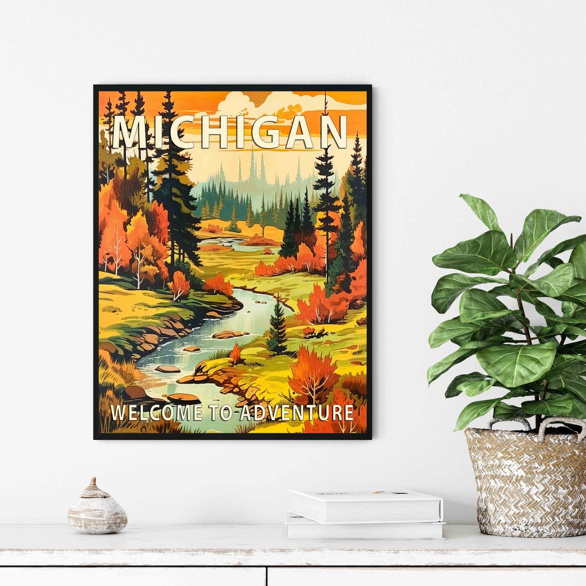 Michigan Autumn Forest River at Sunset Welcome to Adventure Poster - Image 2