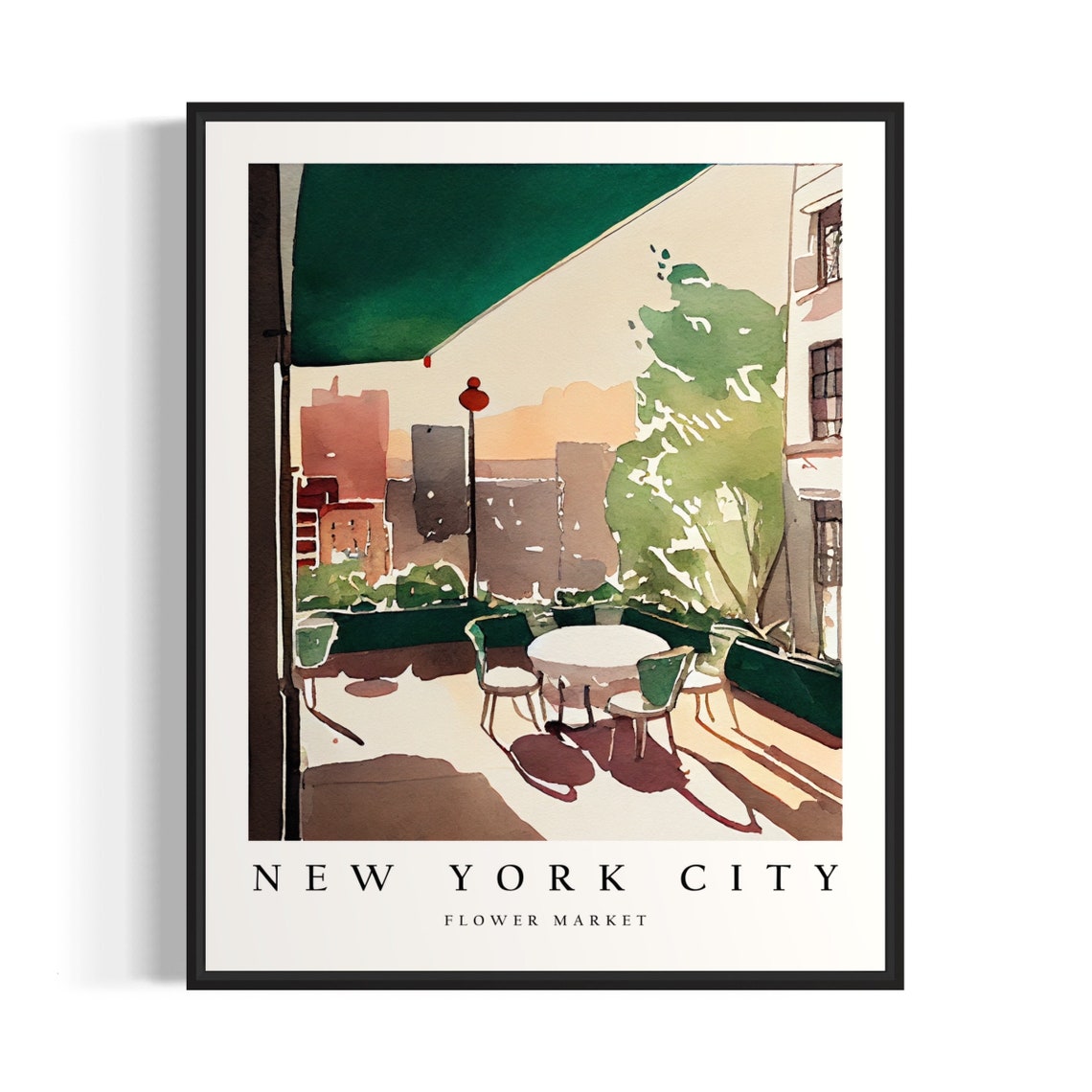 New York City Flower Market Watercolor Painting New York City Botanical Skyline Background Wall Art Poster Print