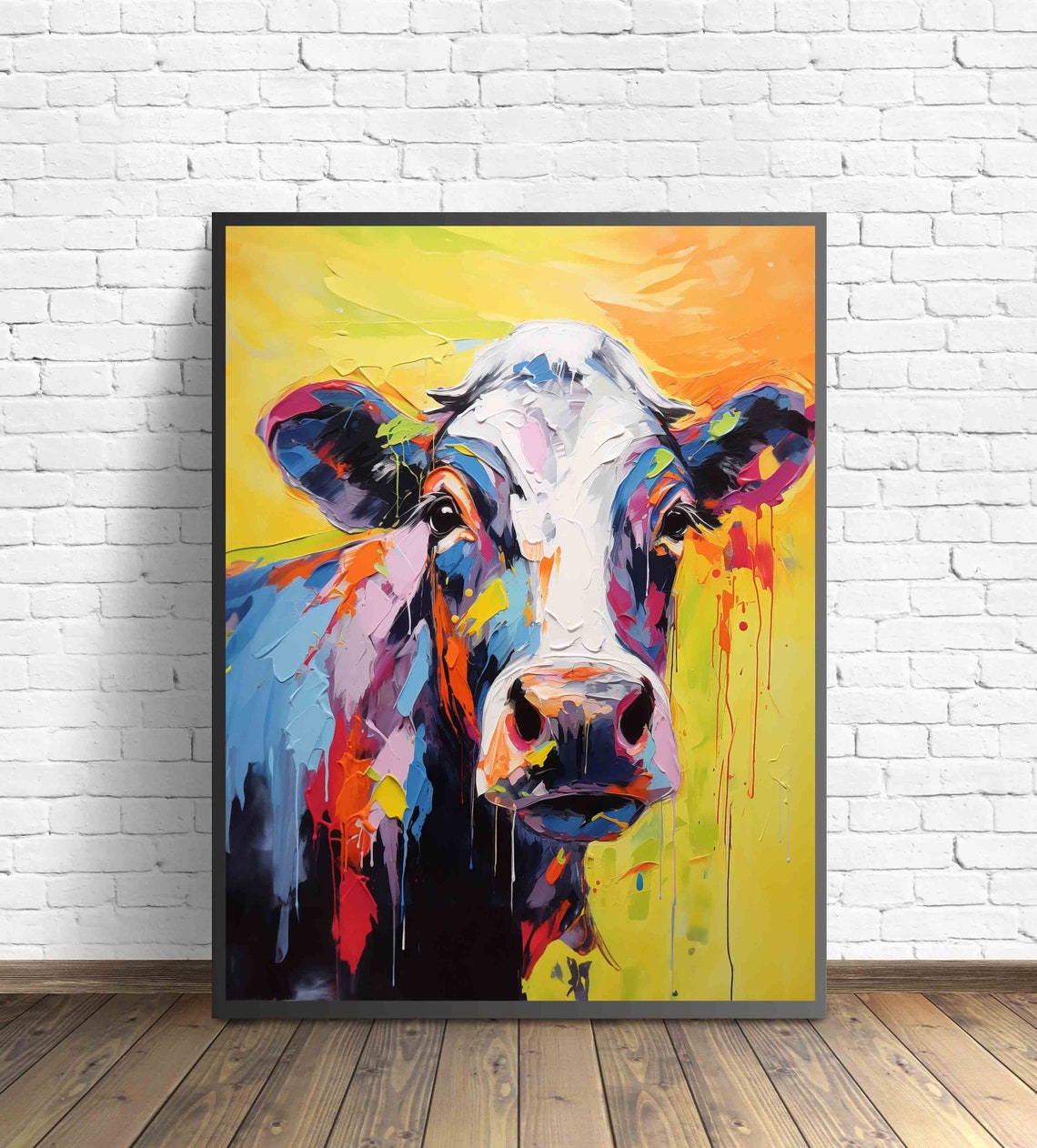 Rainbow Cow Face Portrait on Yellow Abstract Oil Paint Poster - Image 3