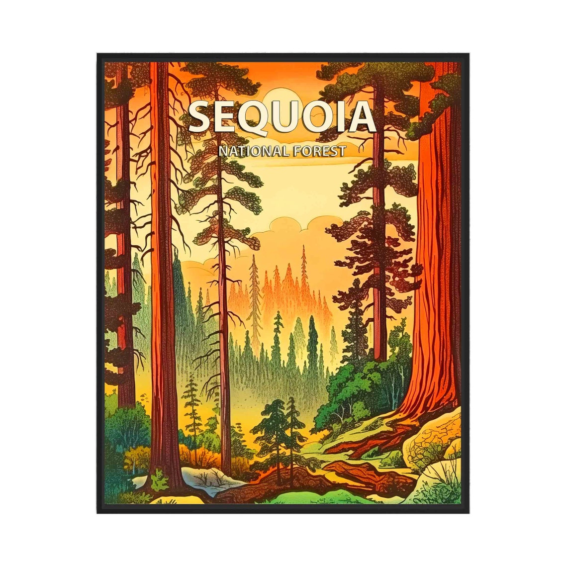 Sequoia National Forest California Giant Trees Retro Sunset Poster