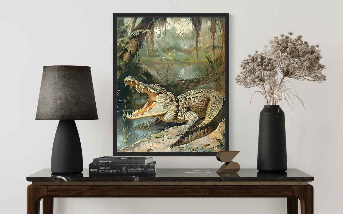 Crocodile Caiman at the Water's Edge Vintage Reptile Art Poster - Image 3