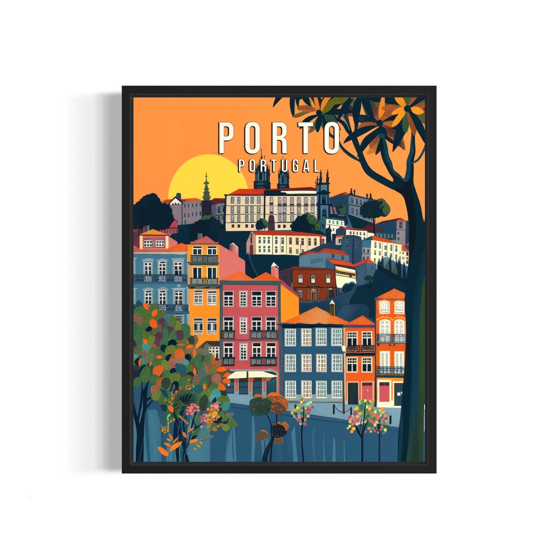 Porto Portugal Sunset Hillside Colorful Houses Retro Travel Poster